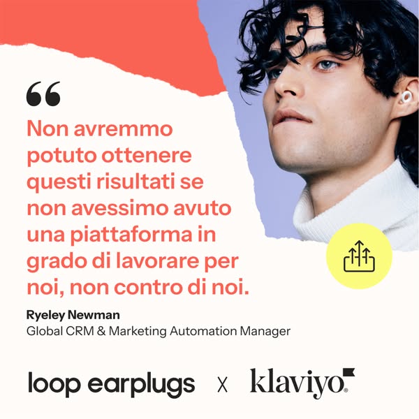 Klaviyo and Loop Earplugs ad with an Italian-language testimonial from Global CRM and Marketing Automation Manager Ryeley Newman about having a platform that works for them, shown beside a model wearing an earplug.