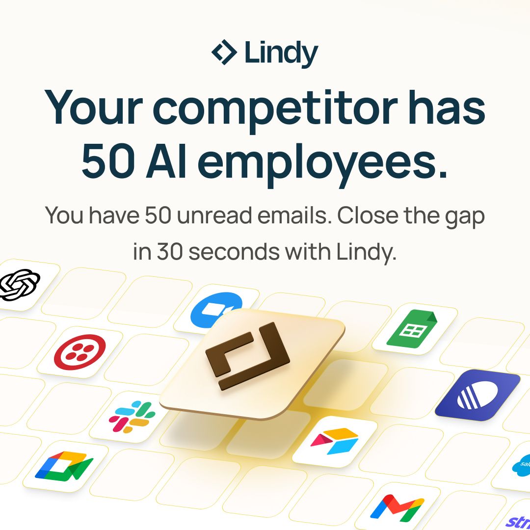Lindy ad on a warm gradient background with the headline "Automate any task with AI agents," showing a simple trigger-action UI with "When this happens... Do this" and the Lindy logo