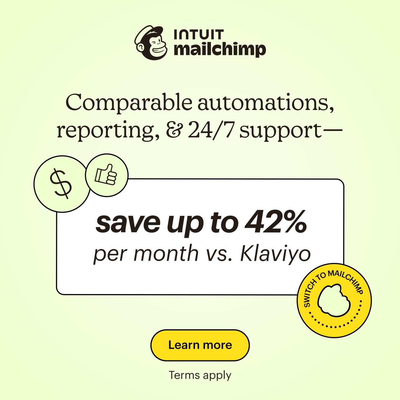 Mailchimp ad on light green background comparing to Klaviyo. Headline Comparable automations, reporting, & 24/7 support. Shows save up to 42% per month vs. Klaviyo in white card. Yellow Switch to Mailchimp badge and Learn more button.