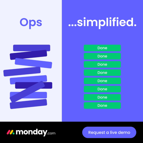 Split comparison: left side shows chaotic scattered bars labeled "Ops", right side shows neat green "Done" rows labeled "...simplified." with "Request a live demo" CTA
