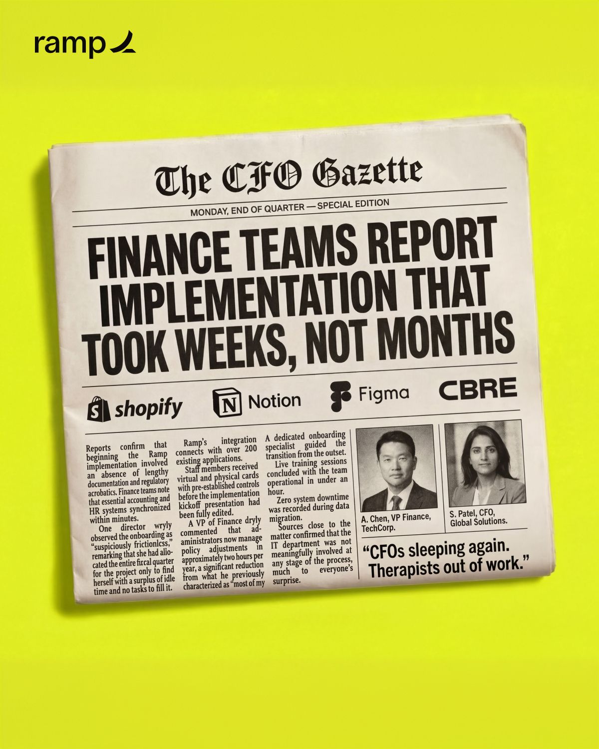 Ramp ad on neon yellow background. Headline See spend across every location the minute it happens. Shows mobile app, Ramp card, and desktop Reporting dashboard with $10.2M total company spending. Black Book a Demo Today button.
