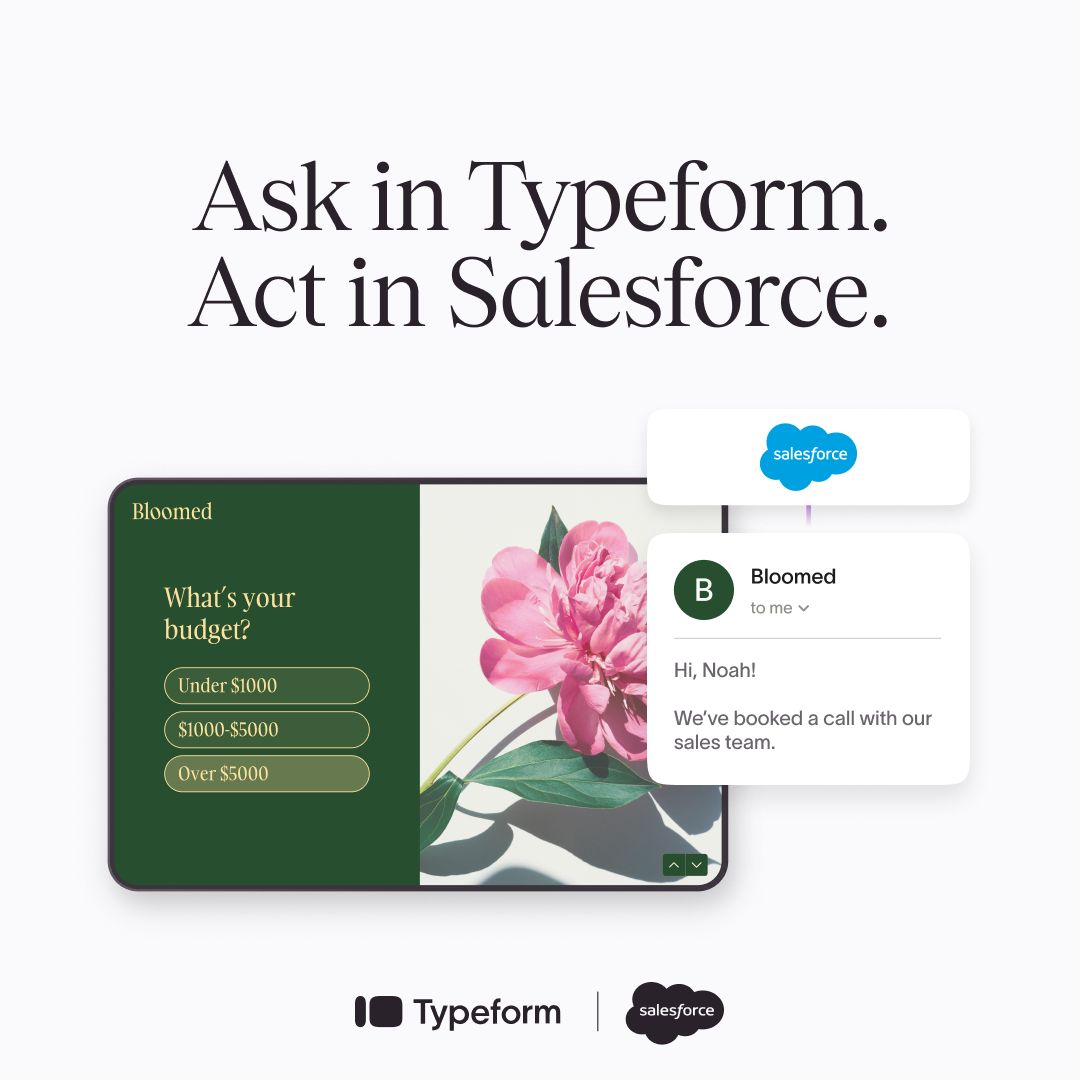 Typeform + Salesforce co-branded ad on white background. Headline Ask in Typeform. Act in Salesforce. Shows Bloomed budget form with Salesforce notification confirming sales call booked. Both logos at bottom.