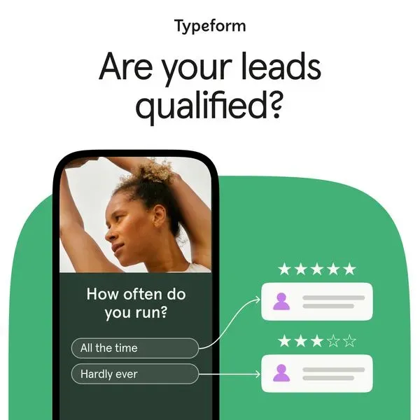 A phone showing a survey question "How often do you run?" with lead qualification ratings, text "Are your leads qualified?" on green background