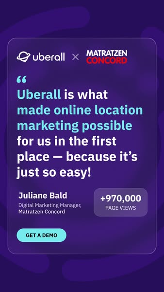 Uberall + Matratzen Concord co-branded ad on dark purple background. Testimonial from Juliane Bald about location marketing being easy. Shows +970,000 page views stat. Teal Get a Demo button.