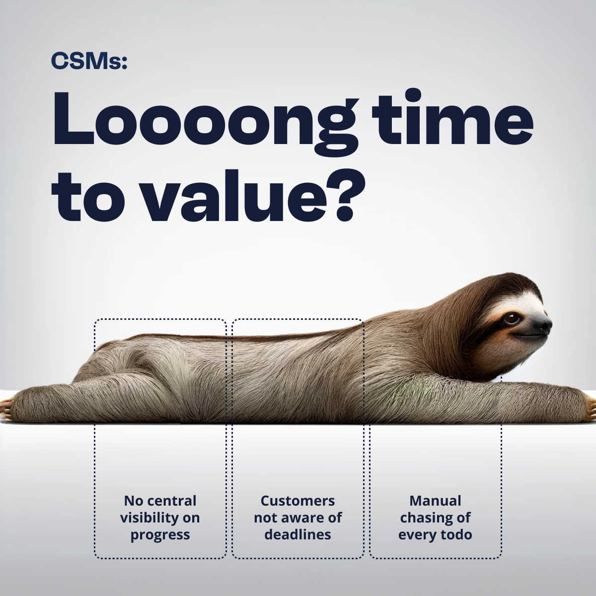 A graphic featuring a sloth lying flat and spread across a surface, above three dotted boxes listing common customer success challenges: no central visibility on progress, customers not aware of deadlines, and manual chasing of every todo. The headline reads "CSMs: Loooong time to value?" addressing the pain of slow onboarding in B2B customer success roles.