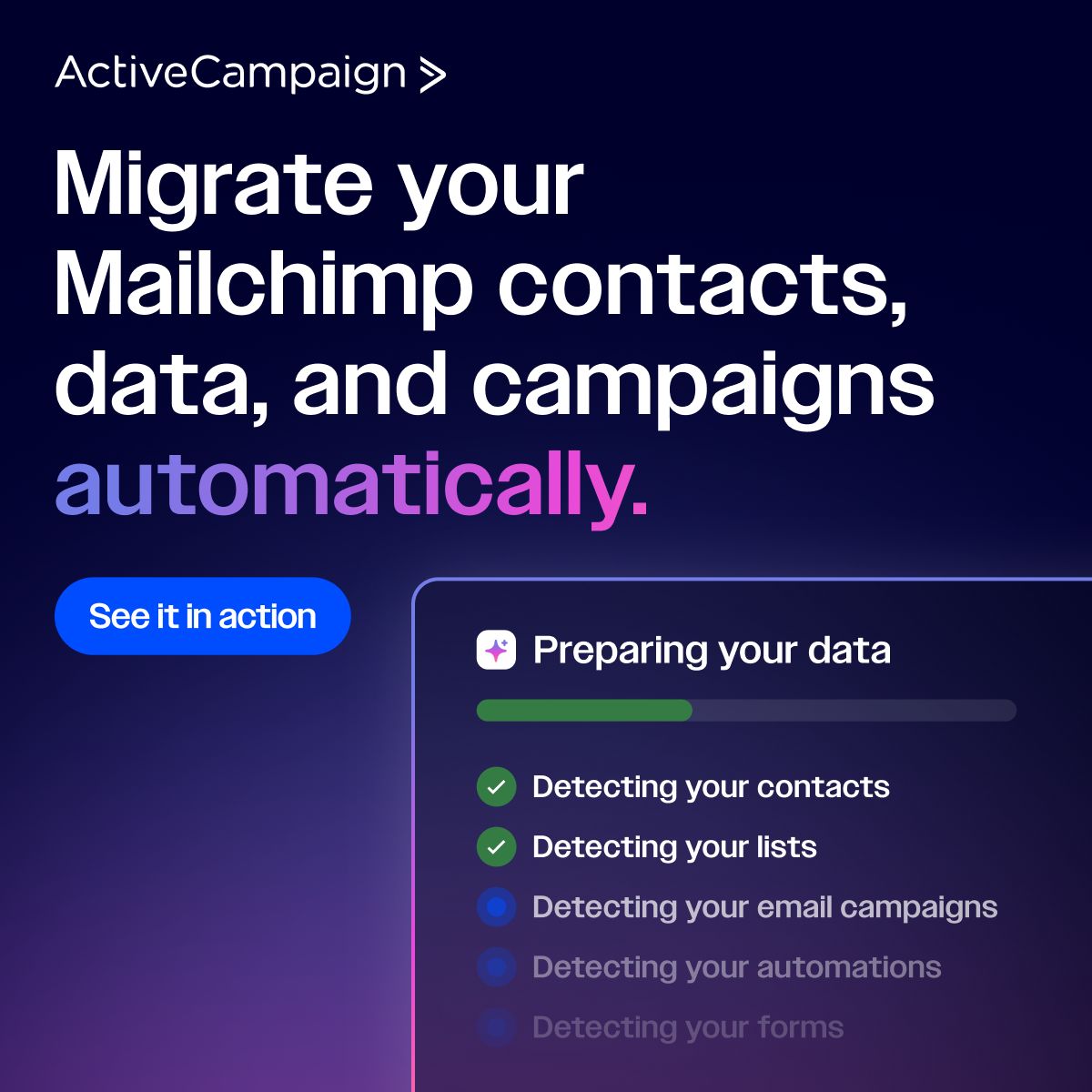 ActiveCampaign ad headlined Migrate your Mailchimp contacts, data, and campaigns automatically, with a See it in action button and a product mockup showing a migration progress checklist.
