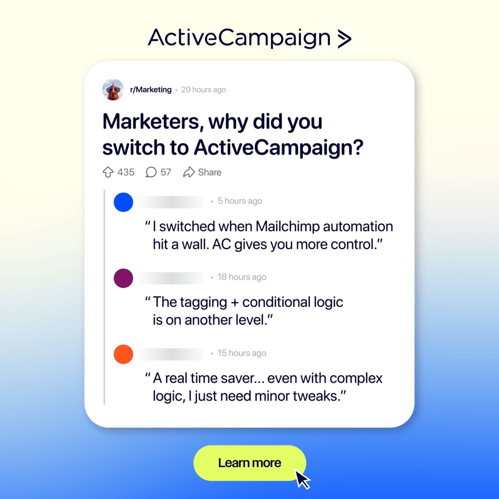 ActiveCampaign ad styled as a Reddit thread from r slash Marketing asking why marketers switched to ActiveCampaign, with anonymised replies praising its control over Mailchimp automation and its tagging and conditional logic, plus a Learn more button.