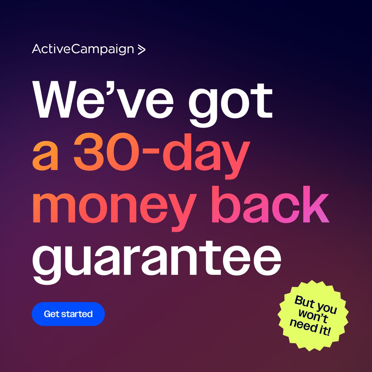 ActiveCampaign ad with bold gradient text announcing a 30-day money back guarantee, a Get started button, and a playful badge reading But you won't need it.