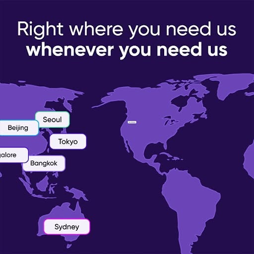 AppsFlyer ad displaying a purple world map with location labels for Seoul, Beijing, Tokyo, Bangalore, Bangkok, and Sydney. Text reads: "Right where you need us whenever you need us."