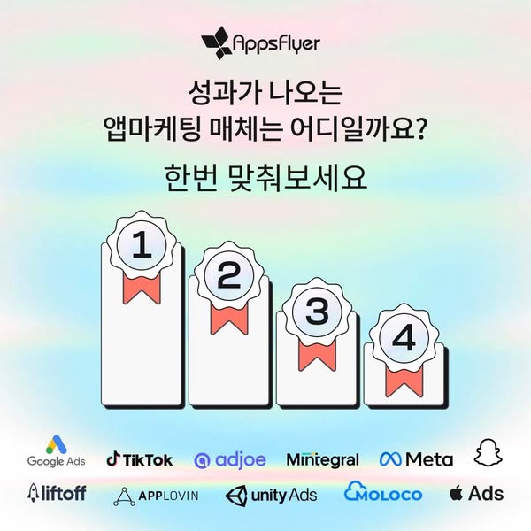 AppsFlyer ad in Korean featuring a podium with rankings 1-4 and ad network logos including Google Ads, TikTok, Meta, Unity Ads, and Apple Ads. Korean text asks about which app marketing channels deliver results and invites users to guess the rankings.