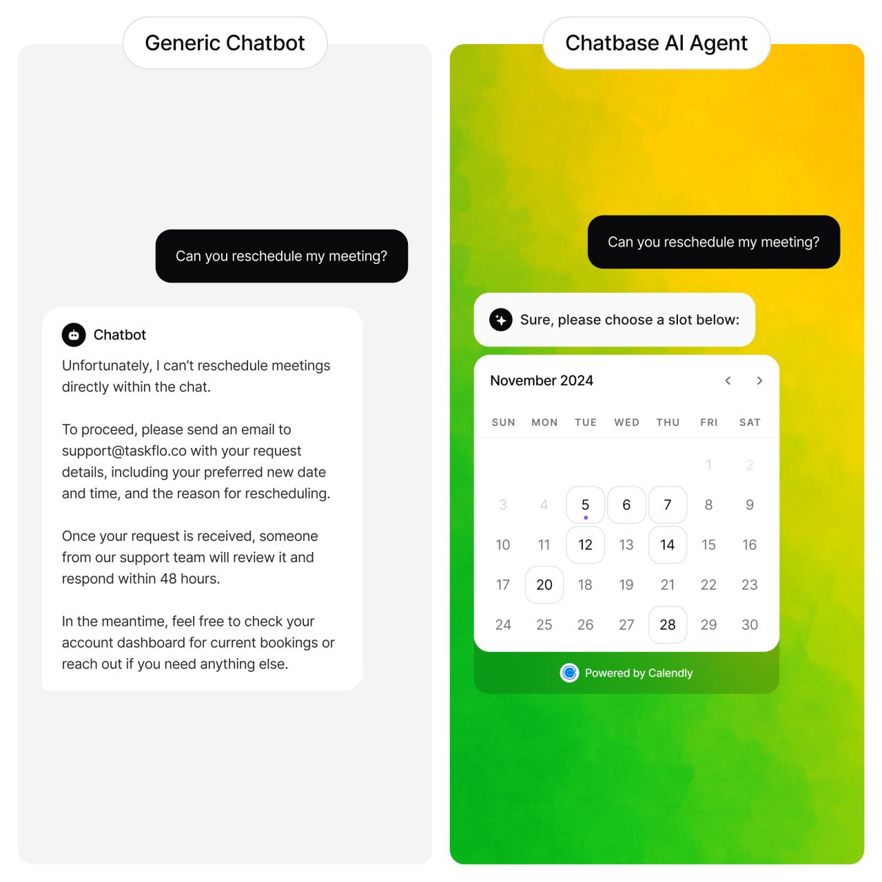 Side by side comparison of Generic Chatbot versus Chatbase AI Agent, showing generic bot giving long unhelpful response while Chatbase instantly displays Calendly booking calendar