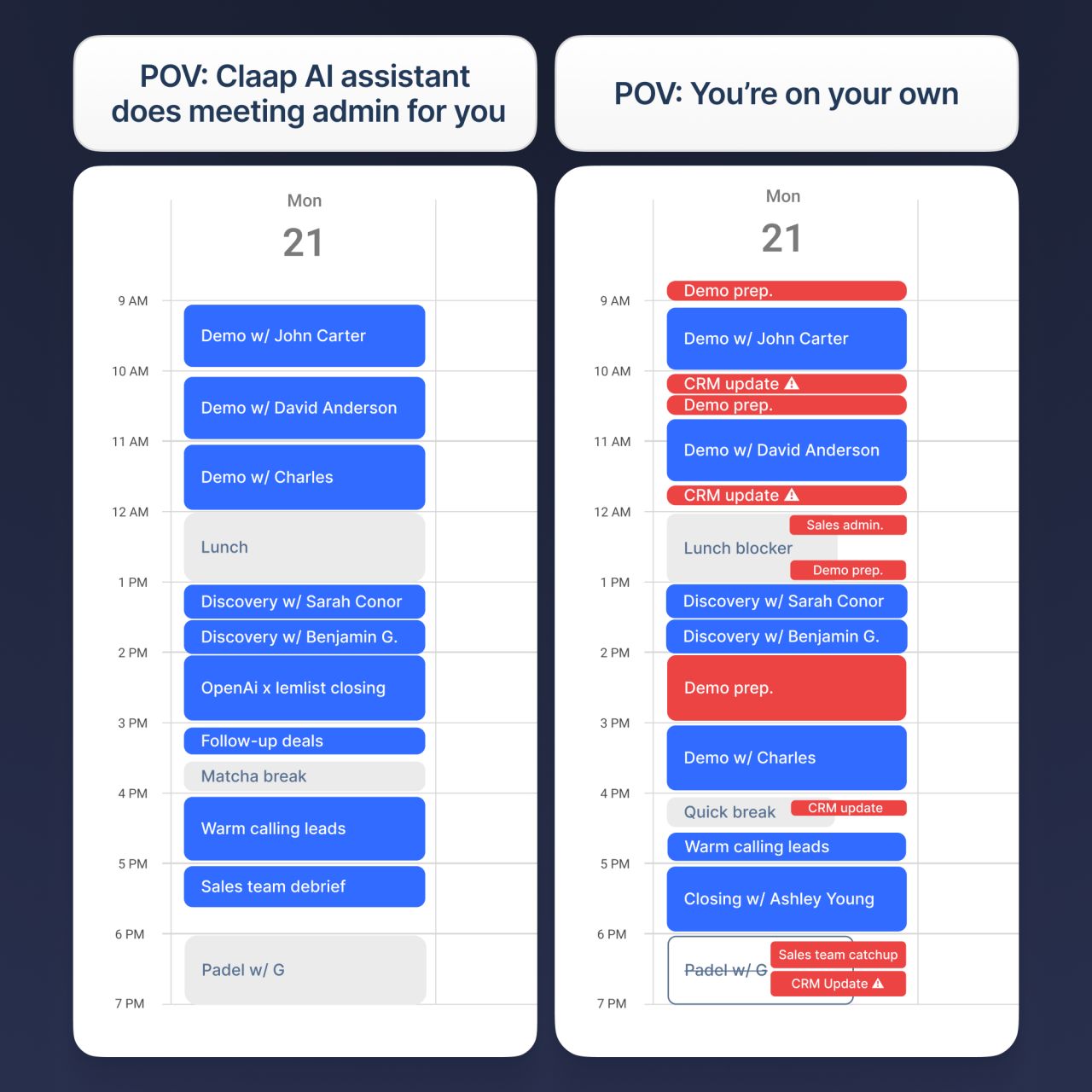 A light gradient background ad for Claap with the headline "Zero admin after Sales calls?" followed by the subtext "It's possible with Claap. Claap records, summarizes, and syncs automatically your calls." Claap logo at the top.