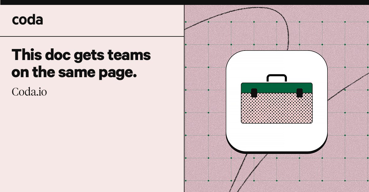 Coda ad with a clean split layout, featuring the tagline "This doc gets teams on the same page" on the left side with the Coda logo, and a retro-styled illustration of a briefcase icon on a grid-patterned pink background on the right