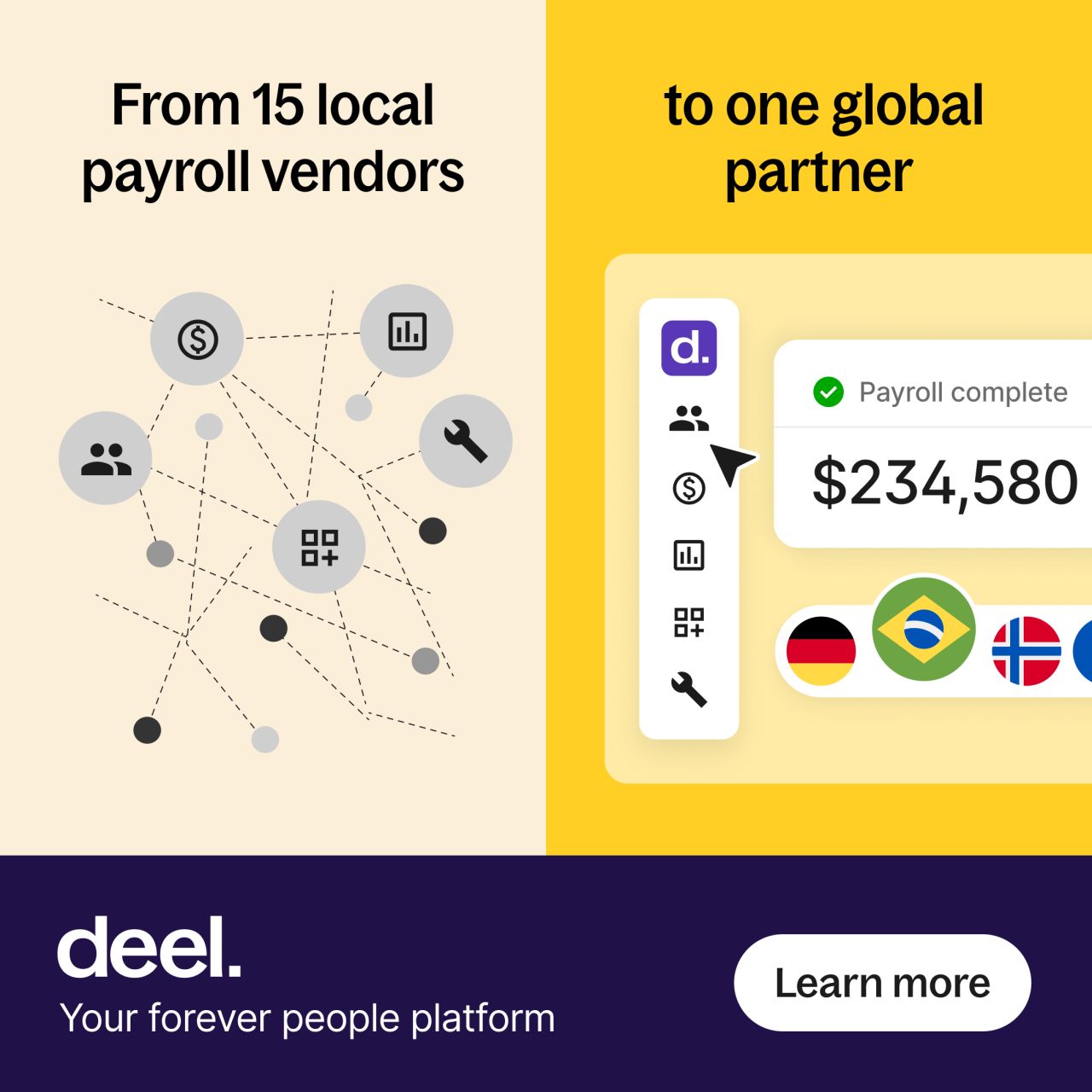Deel ad with split layout comparing From 15 local payroll vendors (messy diagram) to one global partner (clean Deel UI showing $234,580 payroll complete with country flags). Navy footer with Learn more button.