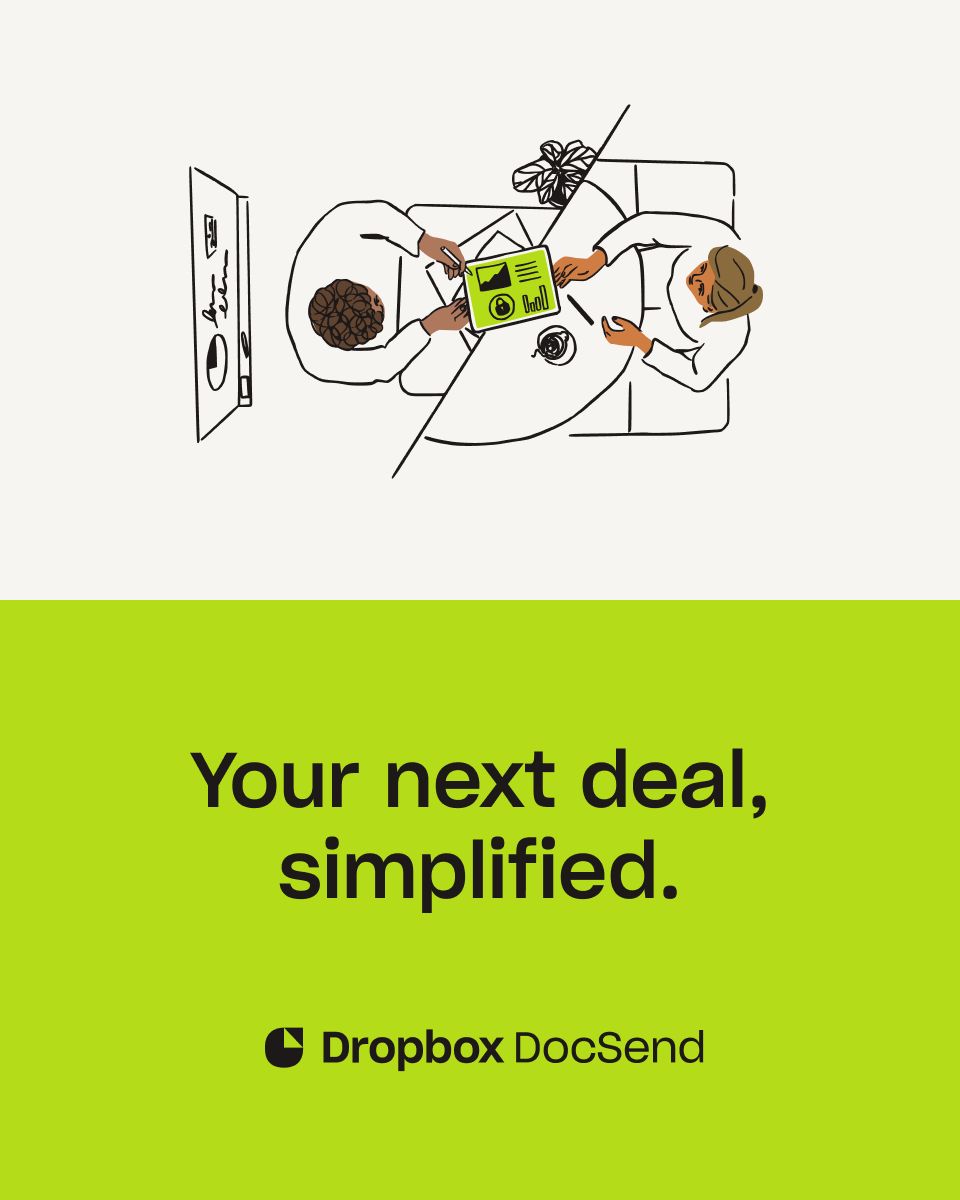 Dropbox DocSend ad featuring a line illustration of two people viewed from above, collaborating over a tablet showing charts at a desk. Text on lime green background reads: "Your next deal, simplified."
