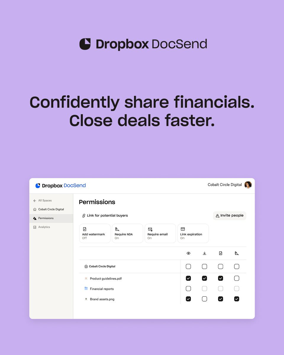 Dropbox DocSend ad on a lavender background displaying the permissions interface with options for Add watermark, Require NDA, Require email, and Link expiration for document sharing. Text reads: "Confidently share financials. Close deals faster."
