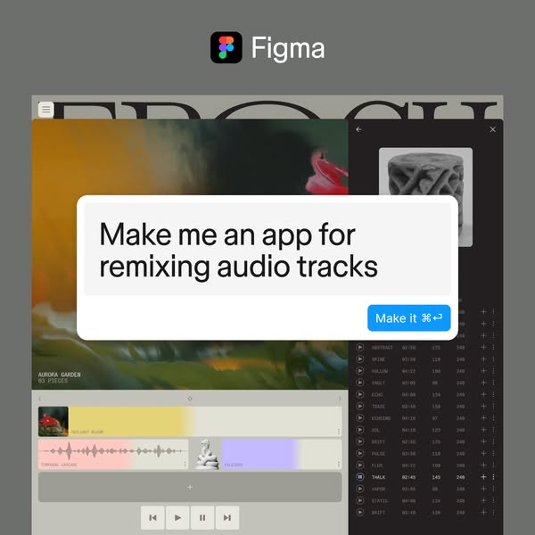 Figma ad with a prompt box reading Make me an app for remixing audio tracks and a Make it button, shown over a desktop mockup of an audio remixing app with a waveform timeline.