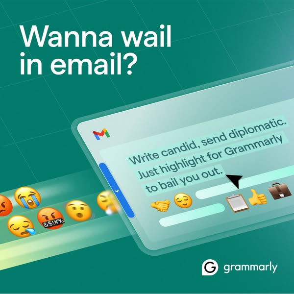 Grammarly advertisement with solid teal background showing a 'Direct Message' notification mockup with a crossed-out eye icon. Warning text reads 'This message contains no clear call to action, which your team may find confusing.' Bright yellow 'Do better work with Grammarly' CTA button at bottom. Grammarly logo with white text in top left corner."