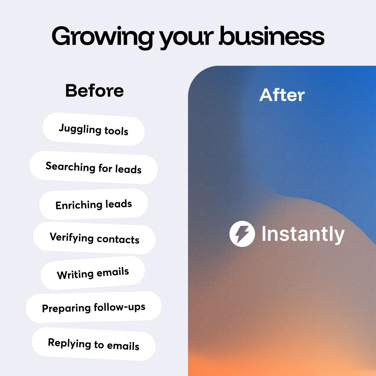 Instantly ad comparing "Before" with a list of tasks (juggling tools, searching for leads, enriching leads, verifying contacts, writing emails, preparing follow-ups, replying to emails) versus "After" showing just the Instantly logo on a gradient blue-orange background. Title reads: "Growing your business."