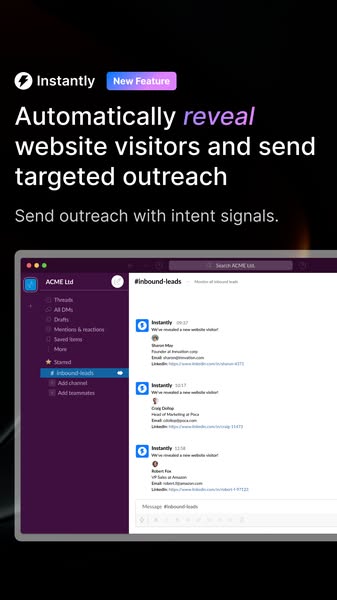 Instantly ad announcing a new feature with a Slack-style interface showing inbound leads notifications. Text reads: "Automatically reveal website visitors and send targeted outreach. Send outreach with intent signals."