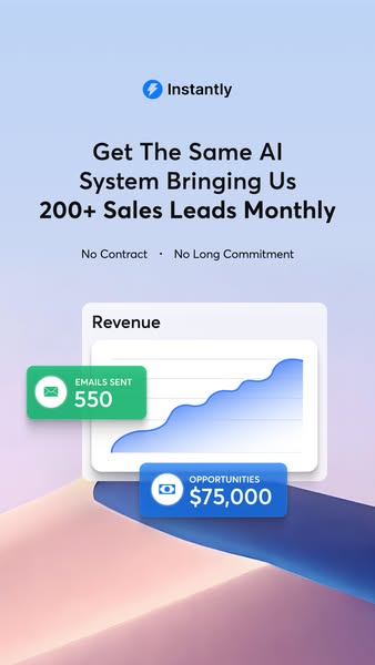 Instantly ad showing a phone screen with toggle settings: Sales (on), Spam (off), Manual Outreach (off), Full Calendar (on), Automated Outreach (on), Empty Calendar (off), Quality B2B Leads (on), Cold Leads (off). Text reads: "Using Instantly feels like:"