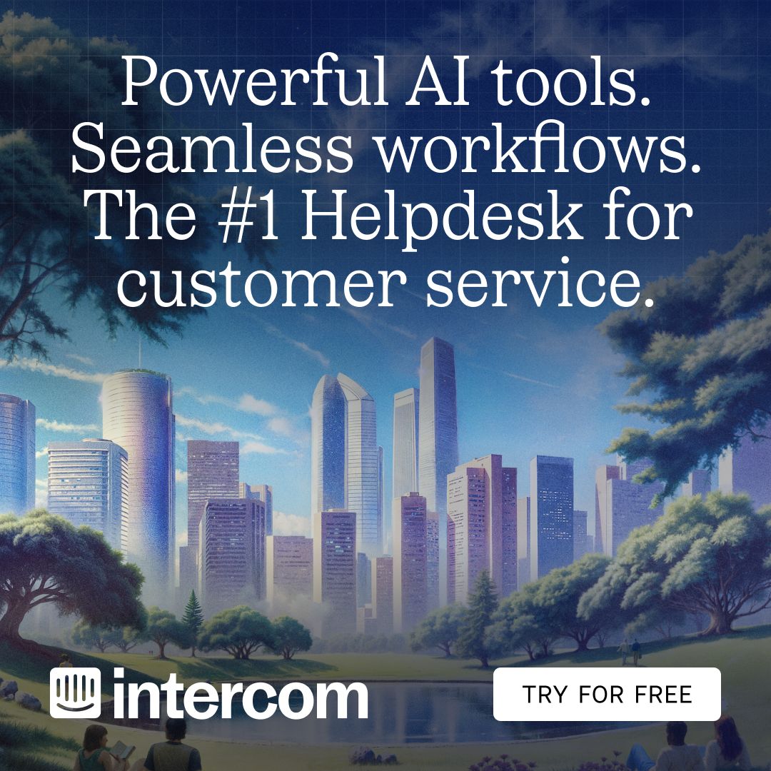 A display ad for Intercom featuring an illustrated cityscape with gleaming skyscrapers set against a blue sky, viewed from a park where people are walking. Large white italic text overlaid on the scene reads "Powerful AI tools. Seamless workflows. The #1 Helpdesk for customer service." The Intercom logo sits at the bottom left, with a "TRY FOR FREE" button at the bottom right.
