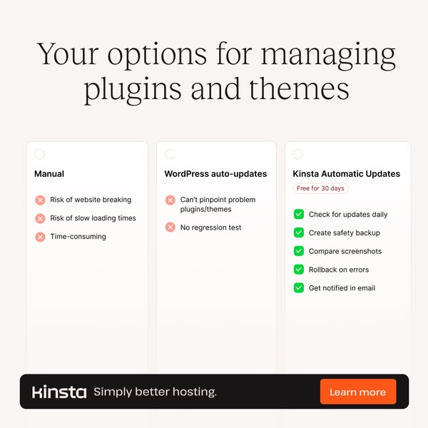 Kinsta ad showing a before-and-after comparison of a broken website versus a working one, with the headline "Prevent problems before they happen... with Kinsta Automatic Updates" and a "Learn more" CTA