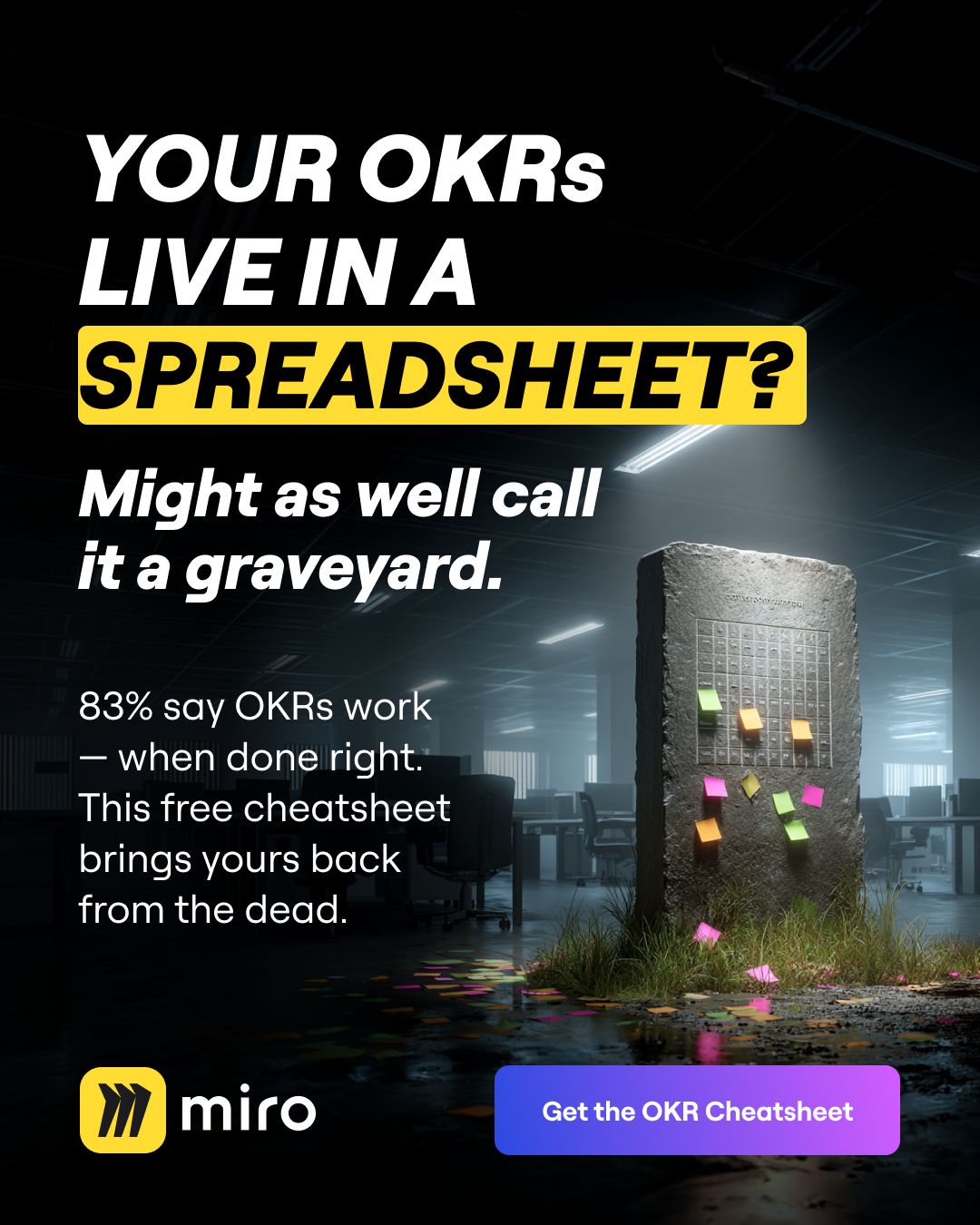 Miro ad with bold headline "YOUR OKRs LIVE IN A SPREADSHEET?" with "SPREADSHEET?" highlighted in yellow, followed by "Might as well call it a graveyard." on a dark office background, featuring a gravestone with sticky notes, stat "83% say OKRs work when done right," and a gradient purple "Get the OKR Cheatsheet" CTA