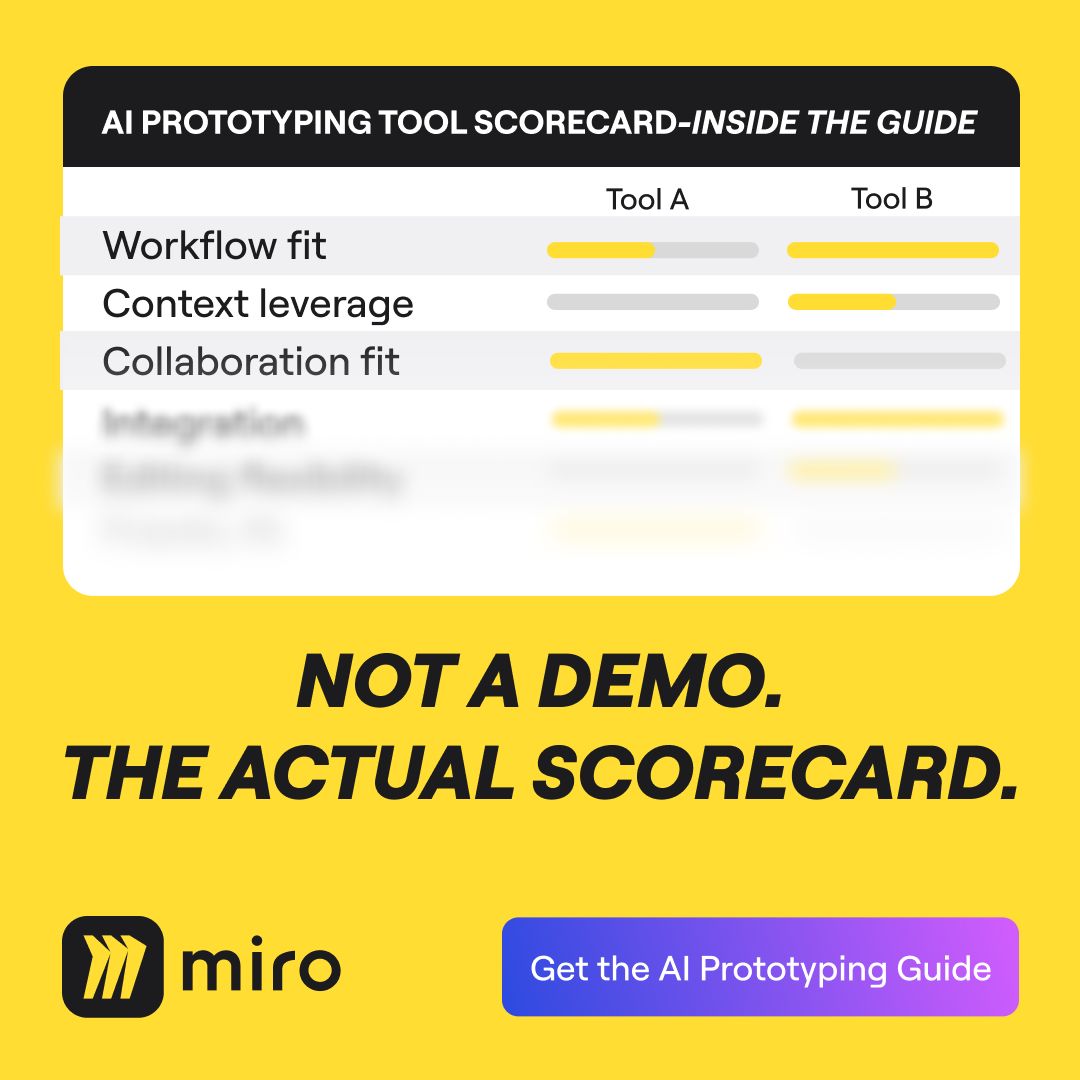 Miro ad showing an AI prototyping tool scorecard comparing Tool A and Tool B across criteria like workflow fit, context leverage, and collaboration fit, with the line Not a demo. The actual scorecard. and a Get the AI Prototyping Guide button.