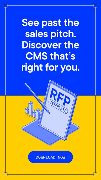 Optimizely lead generation ad with a vertical split of blue (top) and yellow (bottom). The headline in white reads "See past the sales pitch. Discover the CMS that's right for you." An isometric illustration of an RFP template document with a pen and bar chart sits in the center. A blue "Download now" CTA button appears at the bottom.