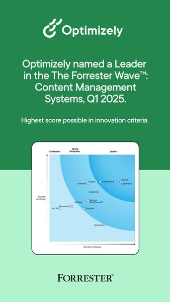 Optimizely ad showcasing their recognition as a Leader in The Forrester Wave for Content Management Systems (Q1 2025), featuring a Forrester Wave chart graphic on a green background with the note "Highest score possible in innovation criteria"