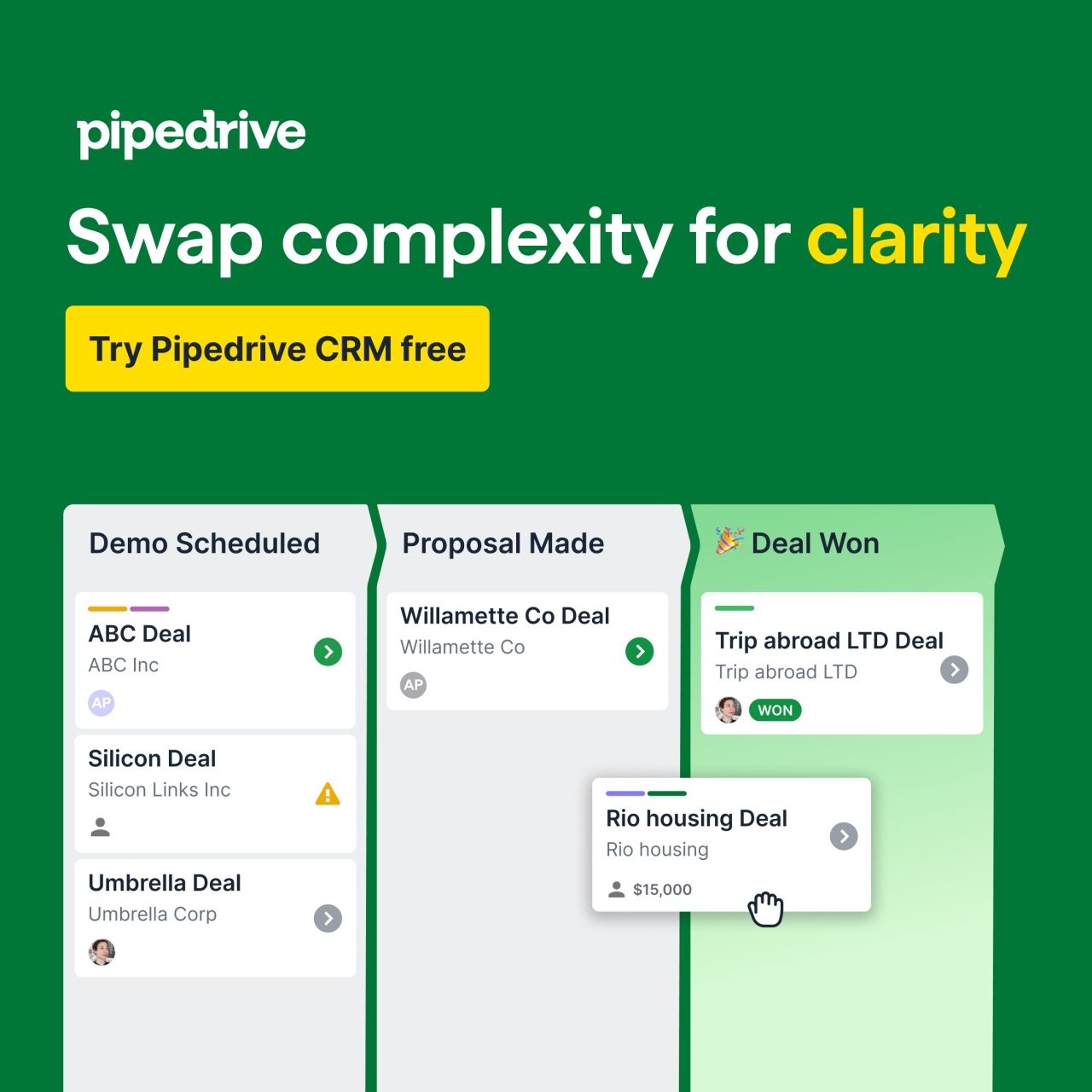 Pipedrive product ad on a dark green background. The headline reads "Swap complexity for clarity" with "clarity" highlighted in yellow. A yellow "Try Pipedrive CRM free" CTA button sits below. The lower half shows a UI mockup of a Kanban-style sales pipeline with three columns: "Demo Scheduled," "Proposal Made," and "Deal Won," each containing sample deal cards with company names and status indicators. A cursor icon is dragging a deal card across the board.