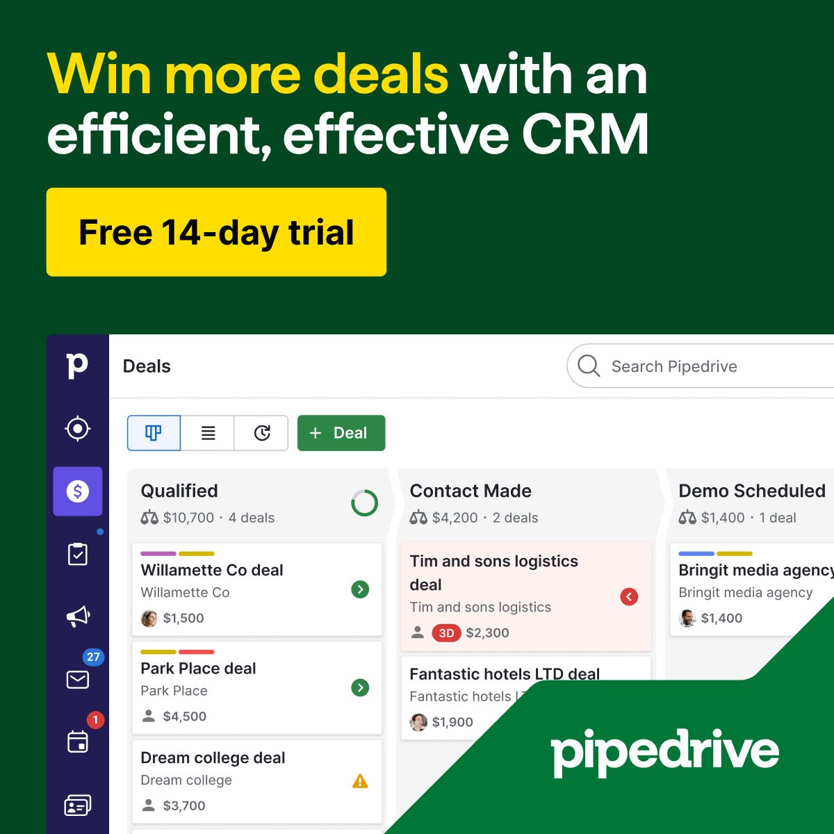 Pipedrive CRM ad with the headline "Win more deals with an efficient, effective CRM" in white and green text on a dark green background, accompanied by a yellow "Free 14-day trial" CTA button and a product screenshot showing the deals pipeline view with sample deal cards organized by stages like Qualified, Contact Made, and Demo Scheduled