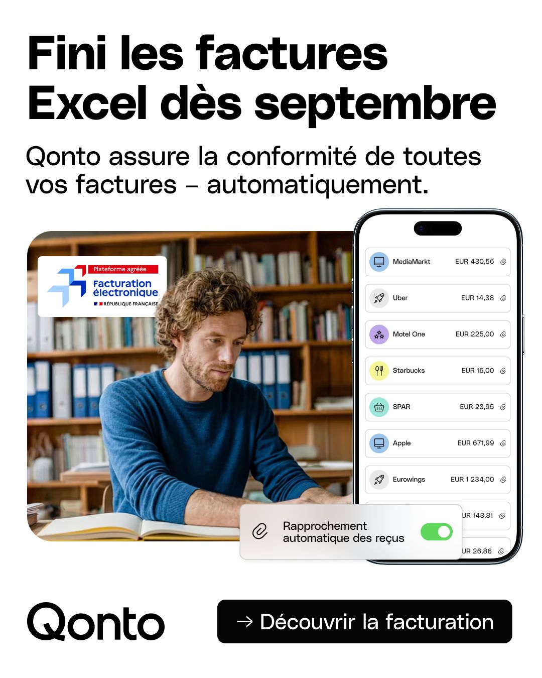 A dark background ad for Qonto featuring a circular DATEV integration diagram showing connections to transactions, bank data, invoices, and receipts. Headline in German reads "Dein Steuerberater wird dich lieben." Footer reads "Tools verbinden. 10 Stunden im Monat sparen."