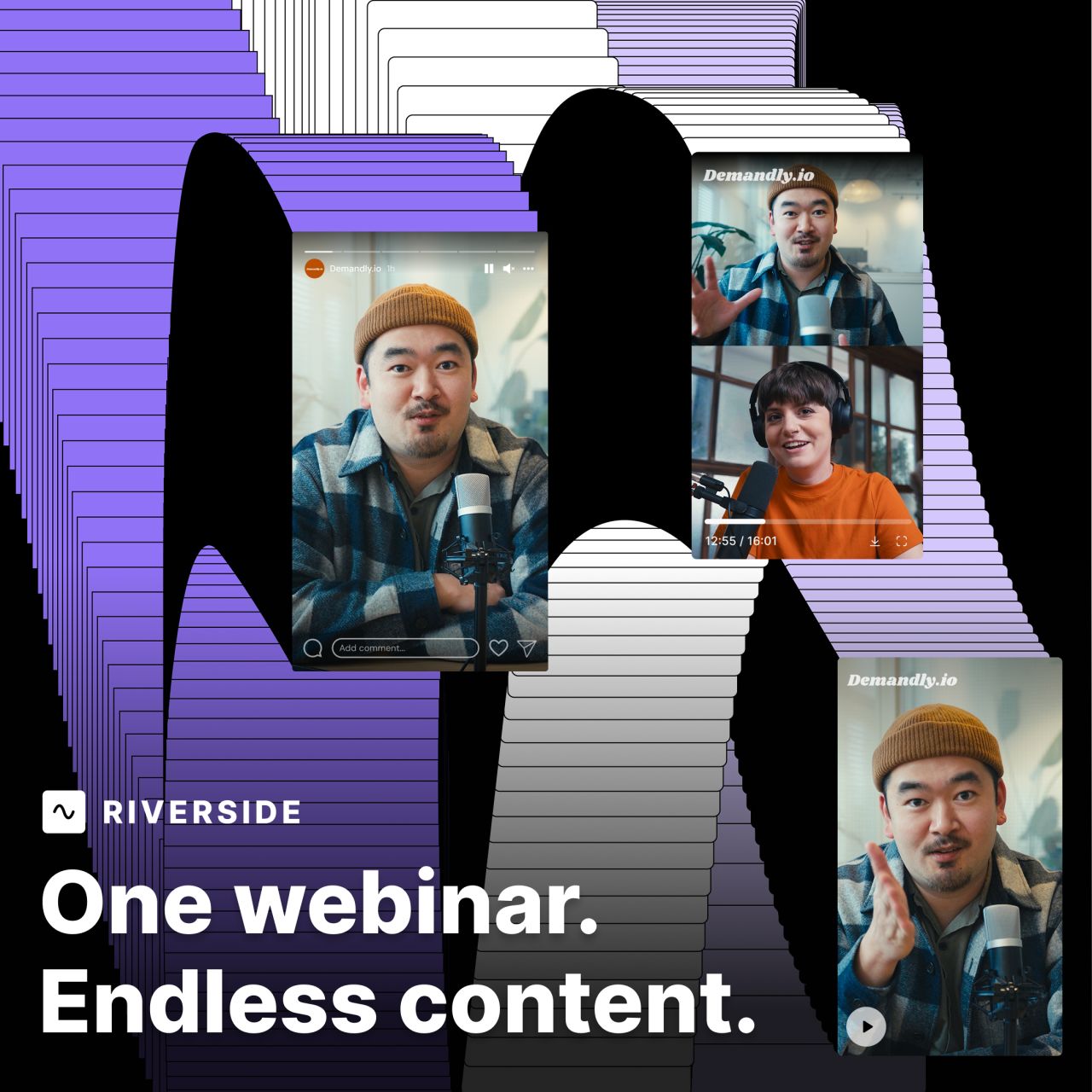 Riverside ad displaying multiple content clips from a single webinar featuring different speakers in social media formats, arranged within stylized "M" shapes. Text reads: "One webinar. Endless content."
