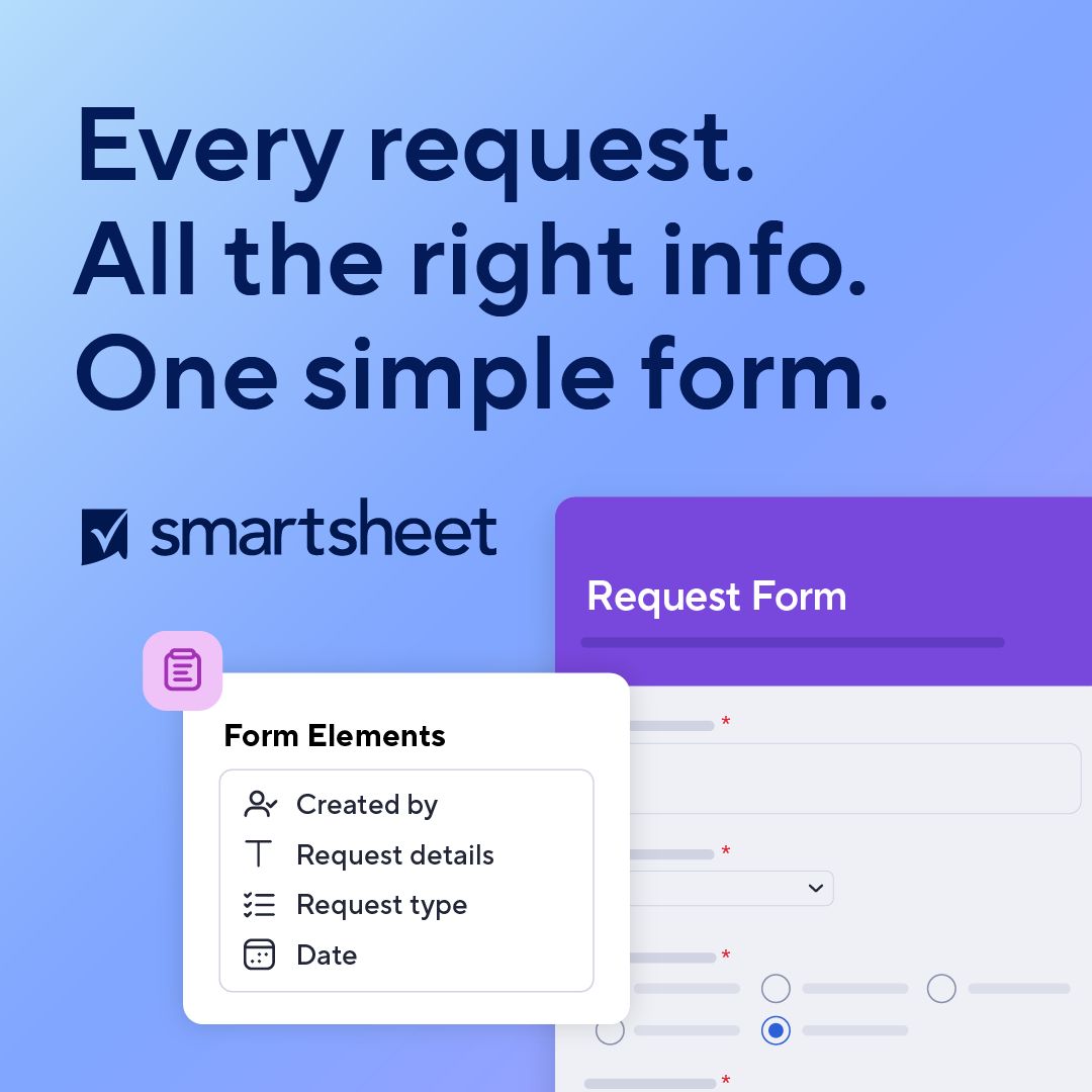 Smartsheet ad headlined Every request. All the right info. One simple form., with a product mockup of a request form and a Form Elements panel listing created by, request details, request type, and date.