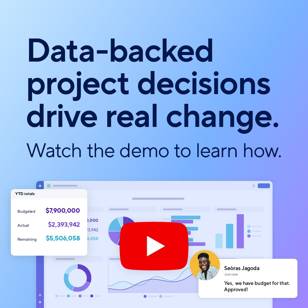 Smartsheet ad headlined Data-backed project decisions drive real change with the prompt Watch the demo to learn how, showing a product dashboard with year-to-date budget totals, charts, and an approval message, overlaid with a YouTube play button.
