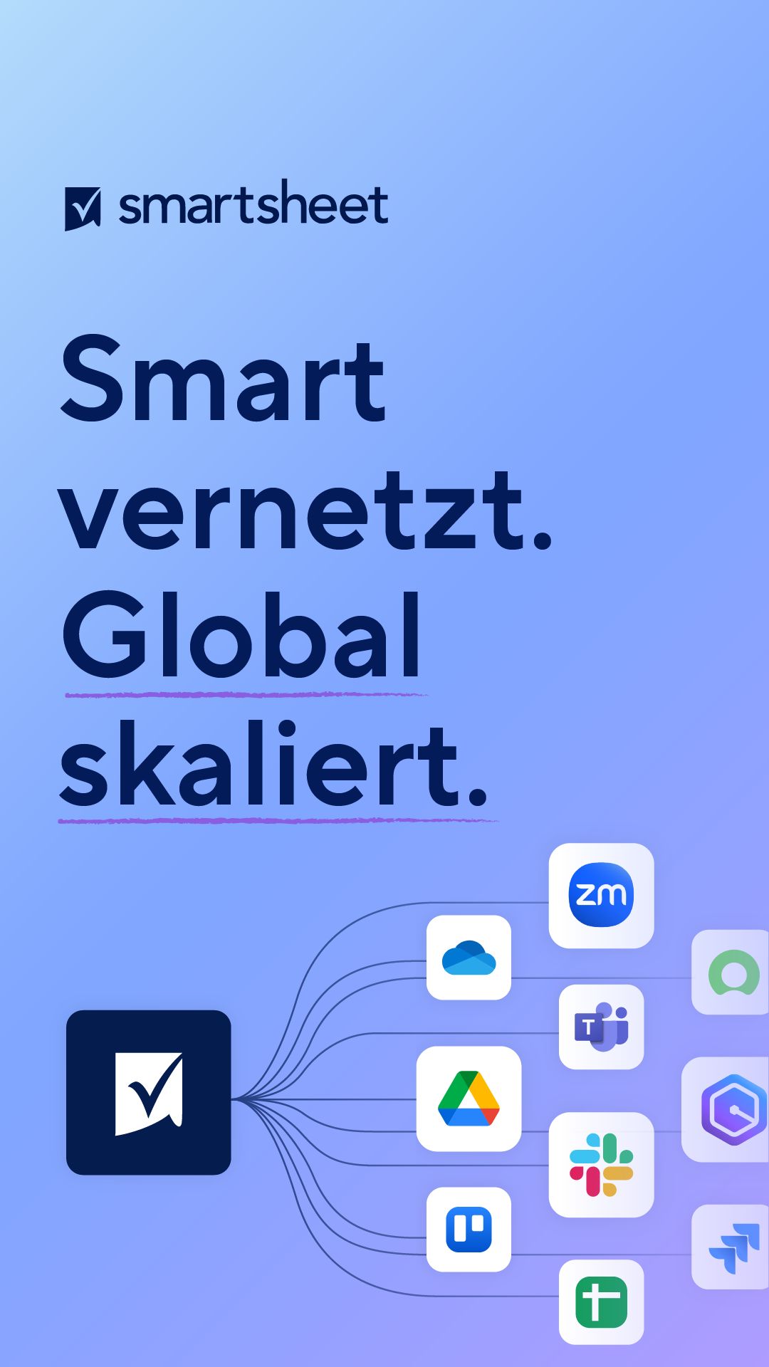 Smartsheet German-language ad headlined Smart vernetzt. Global skaliert., showing the Smartsheet logo connected by lines to integration logos including Zoom, OneDrive, Microsoft Teams, Google Drive, Slack, Trello, and Jira.