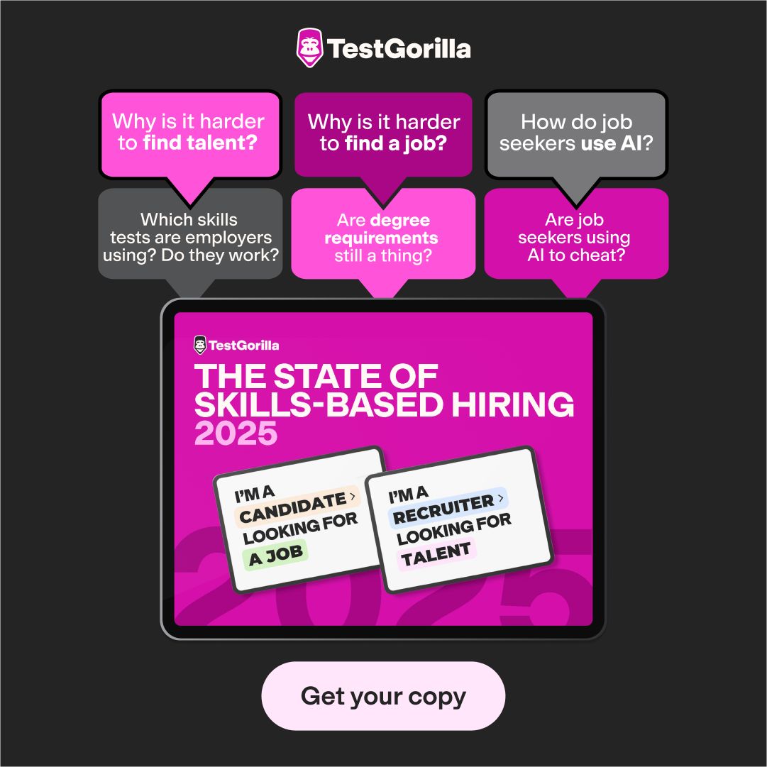 TestGorilla ad promoting their "State of Skills-Based Hiring 2025" report with questions about finding talent, using AI in hiring, and degree requirements, featuring a tablet mockup of the report and a "Get your copy" CTA