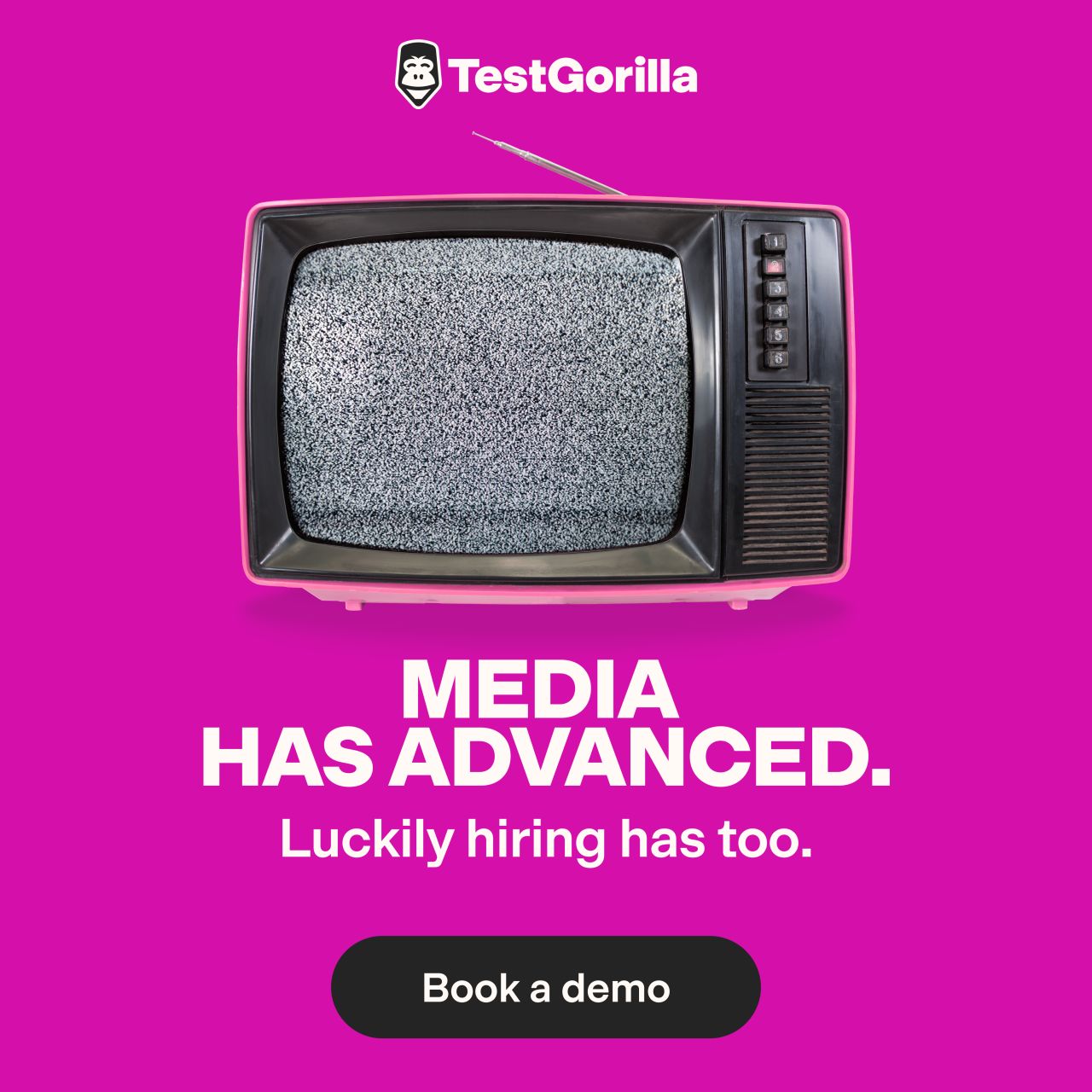 TestGorilla ad with bold "Cut time to hire" headline, a scissor icon cutting through a dashed line, and a "Save time without sacrificing quality" subheading with a "Read more" CTA