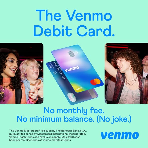 Venmo ad promoting the Venmo Debit Card with "Up to 5% cashback, up for grabs" headline, featuring lifestyle photos of people shopping and using the card on a warm beige background
