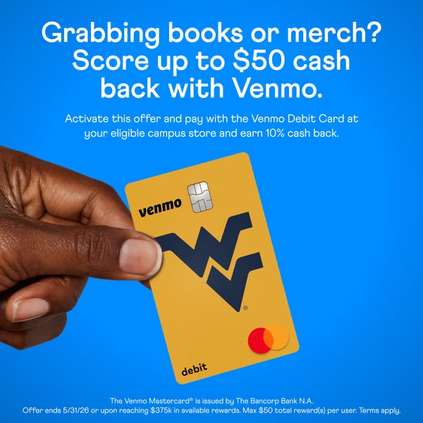Venmo ad showcasing the holographic Venmo Debit Card on a mint green background with photos of young people at a social event, highlighting "No monthly fee. No minimum balance. (No joke.)"