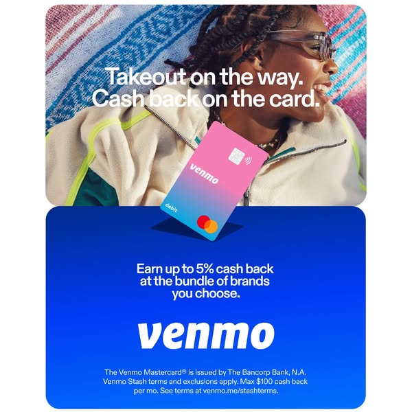 Venmo ad targeting college students with a co-branded West Virginia University debit card, promoting up to $50 cash back at eligible campus stores with 10% cash back on purchases