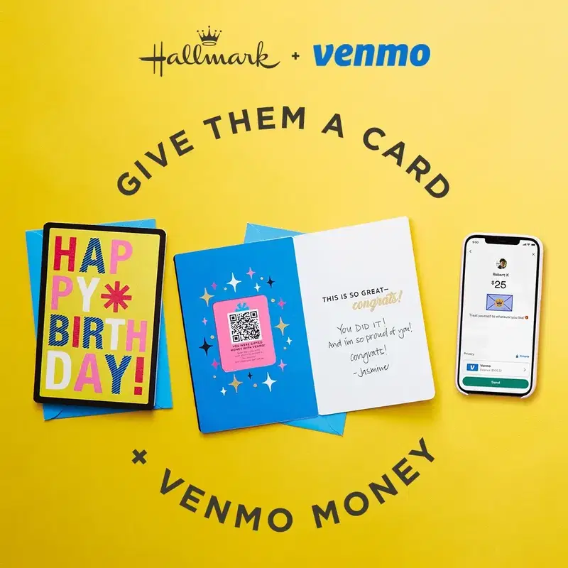 Venmo ad showing a person smiling while holding a pink gradient Venmo Debit Card, with the tagline "Takeout on the way. Cash back on the card." and a message about earning up to 5% cash back at selected brands