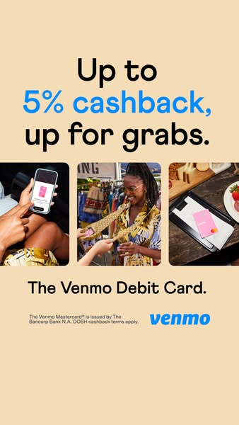 Venmo and Hallmark co-branded ad on a yellow background promoting the ability to pair a physical Hallmark greeting card with a Venmo money transfer, featuring a birthday card with a QR code and a phone showing the Venmo send screen