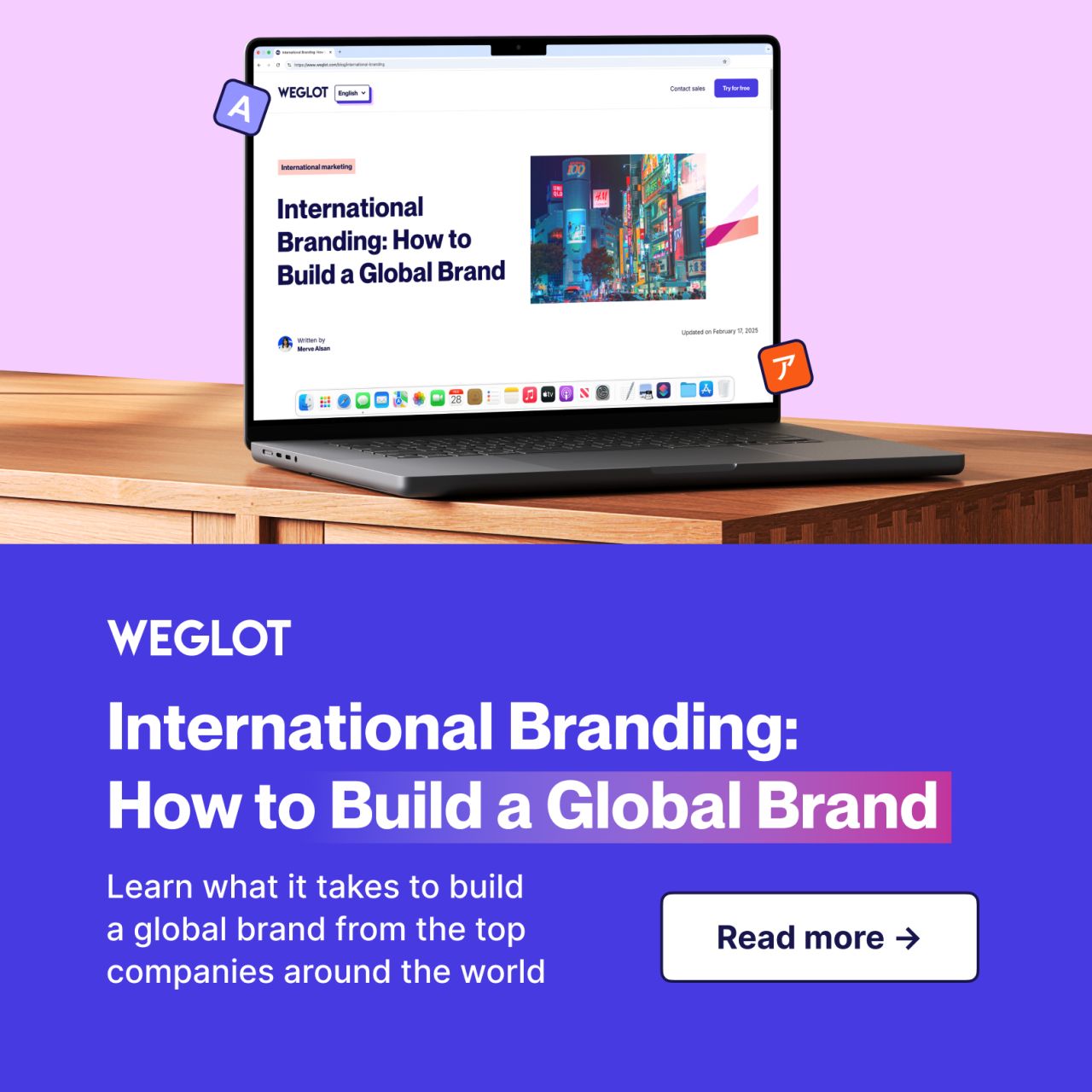 Weglot ad on a light lavender background featuring a testimonial from Salomé Amar, Founder of L'Équipe Créative, praising Weglot for providing an easy way to go multilingual and generate more leads