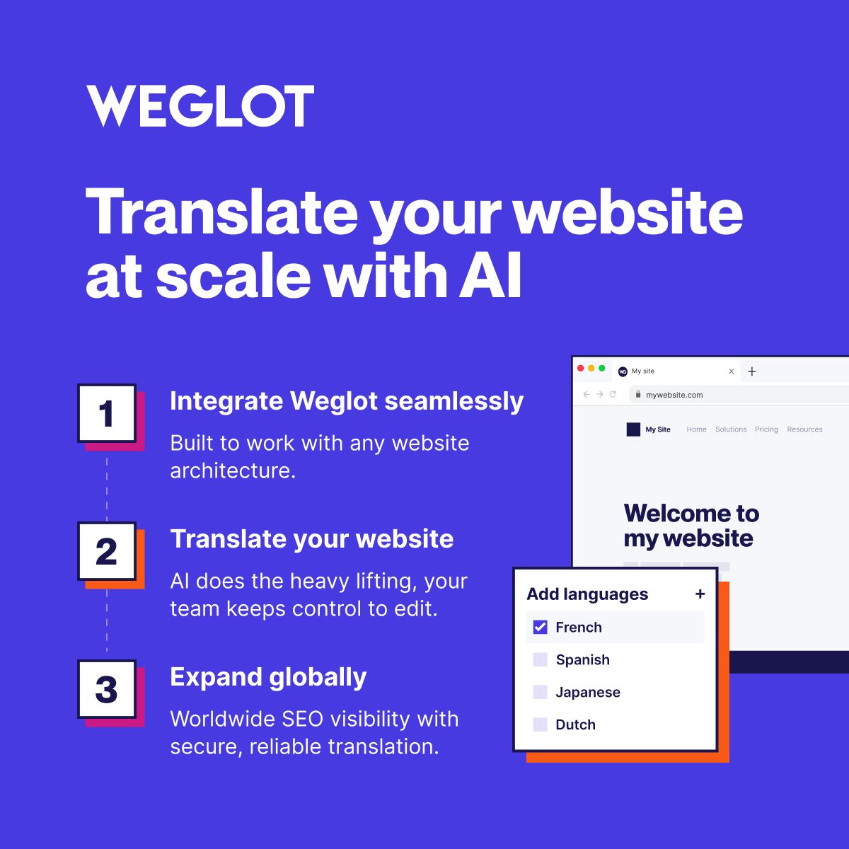Weglot ad promoting a blog post titled "International Branding: How to Build a Global Brand," showing a laptop displaying the article on a purple and blue split background with a "Read more" CTA