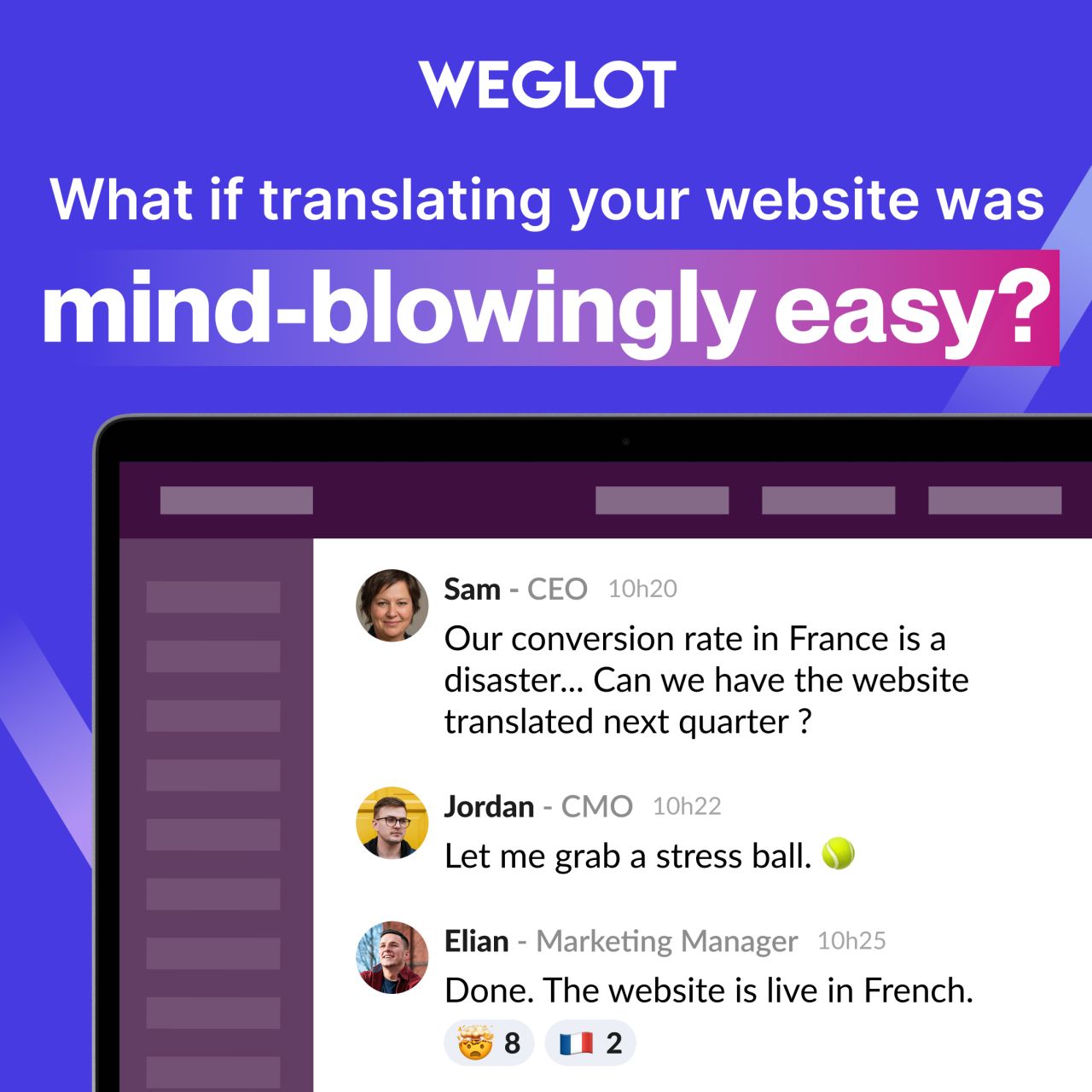 Weglot ad on a blue background with the headline "Translate your website at scale with AI," outlining three steps: integrate Weglot, translate your website, and expand globally, alongside a browser mockup with a language selection panel