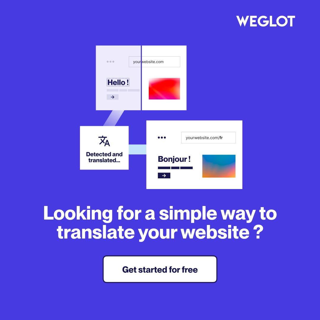 Weglot ad on a blue background showing a mock Slack conversation where a CEO asks about translating the website, the CMO panics, and the Marketing Manager responds that it is already done, illustrating how easy Weglot makes translation