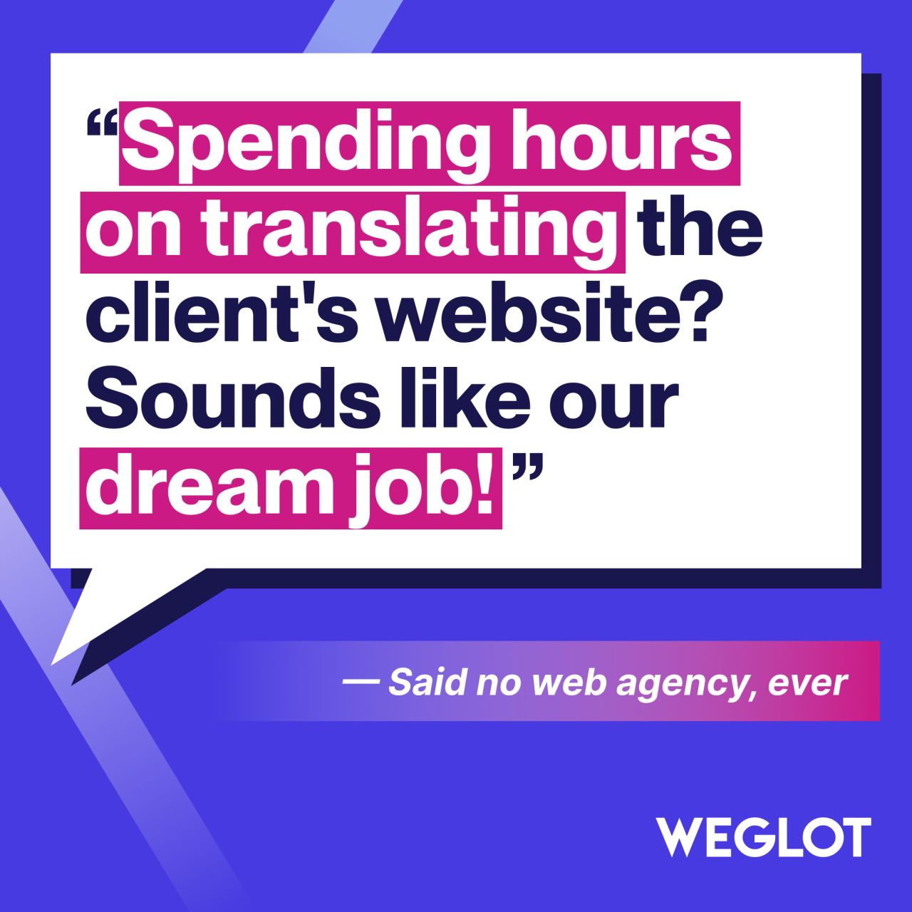 Weglot ad on a blue background showing a before-and-after visual of a website being translated from English ("Hello!") to French ("Bonjour!") with automatic detection, and a "Get started for free" CTA
